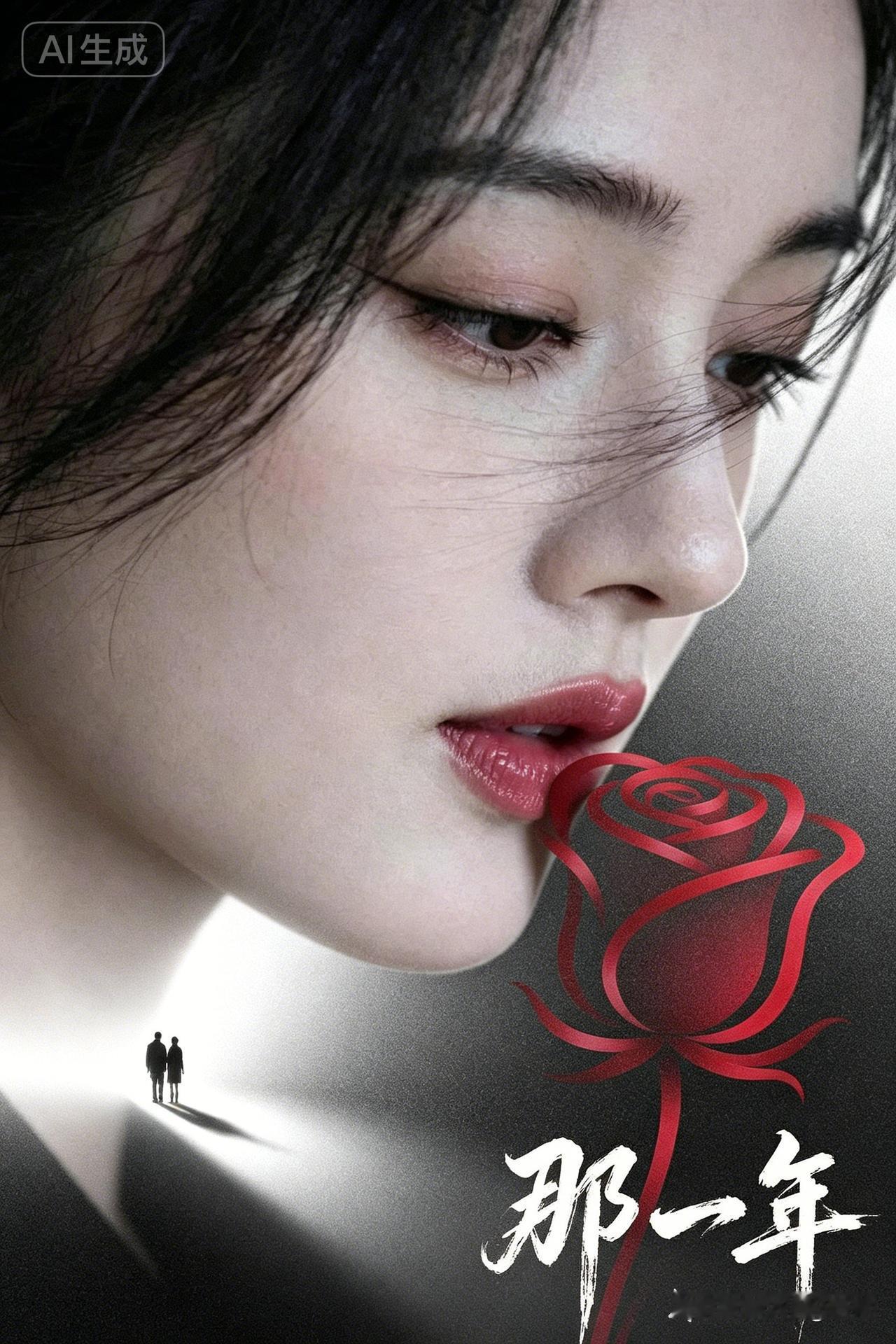一位美女看着一朵红玫瑰。