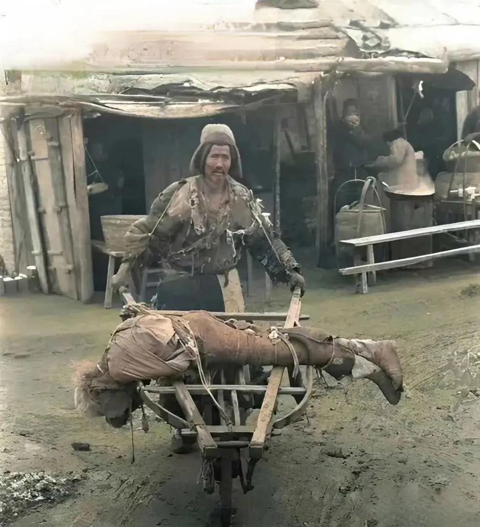 1942年，河南大饥荒时期，一位老农用独轮车推着他饿死的儿子去埋葬。感谢摄影师为