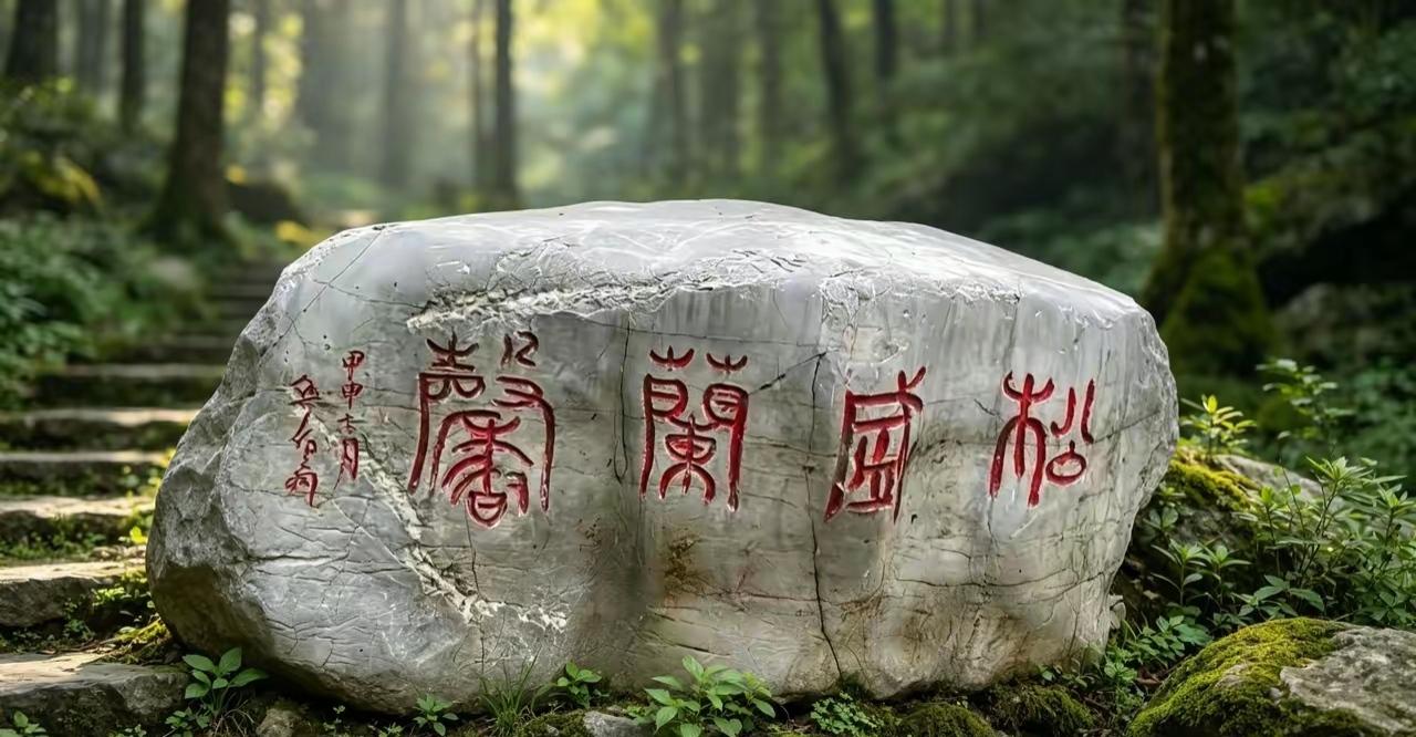 森林里的一块大石头，上面写着字。这是什么字体？有人能读出来吗？很漂亮的几个字。公