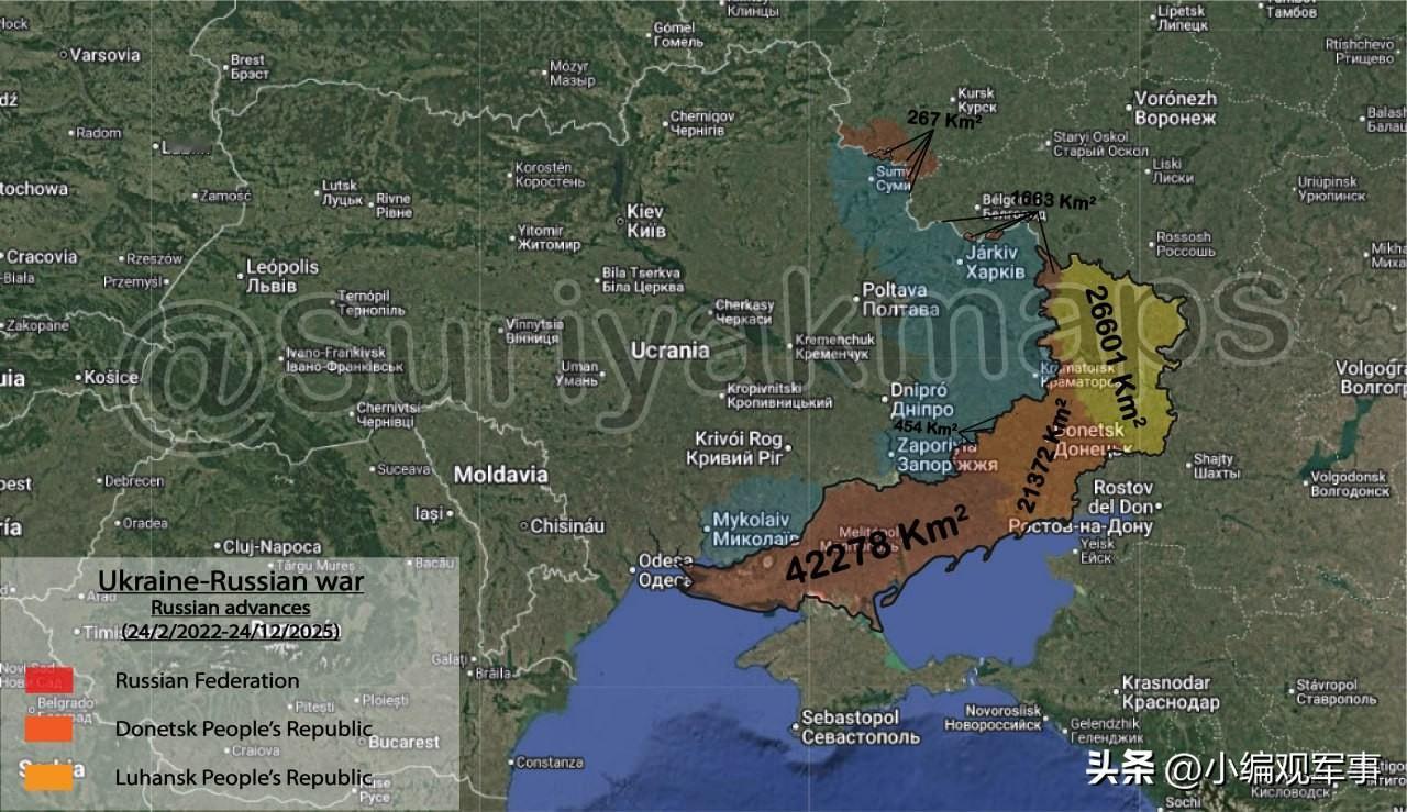 截止2025年12月24日，也就是俄乌战争爆发1400天后，俄罗斯控制着9186