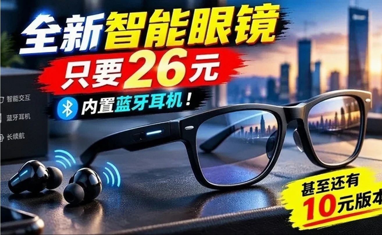 全新智能眼镜只要26元，内置蓝牙耳机！甚至还有10元版本