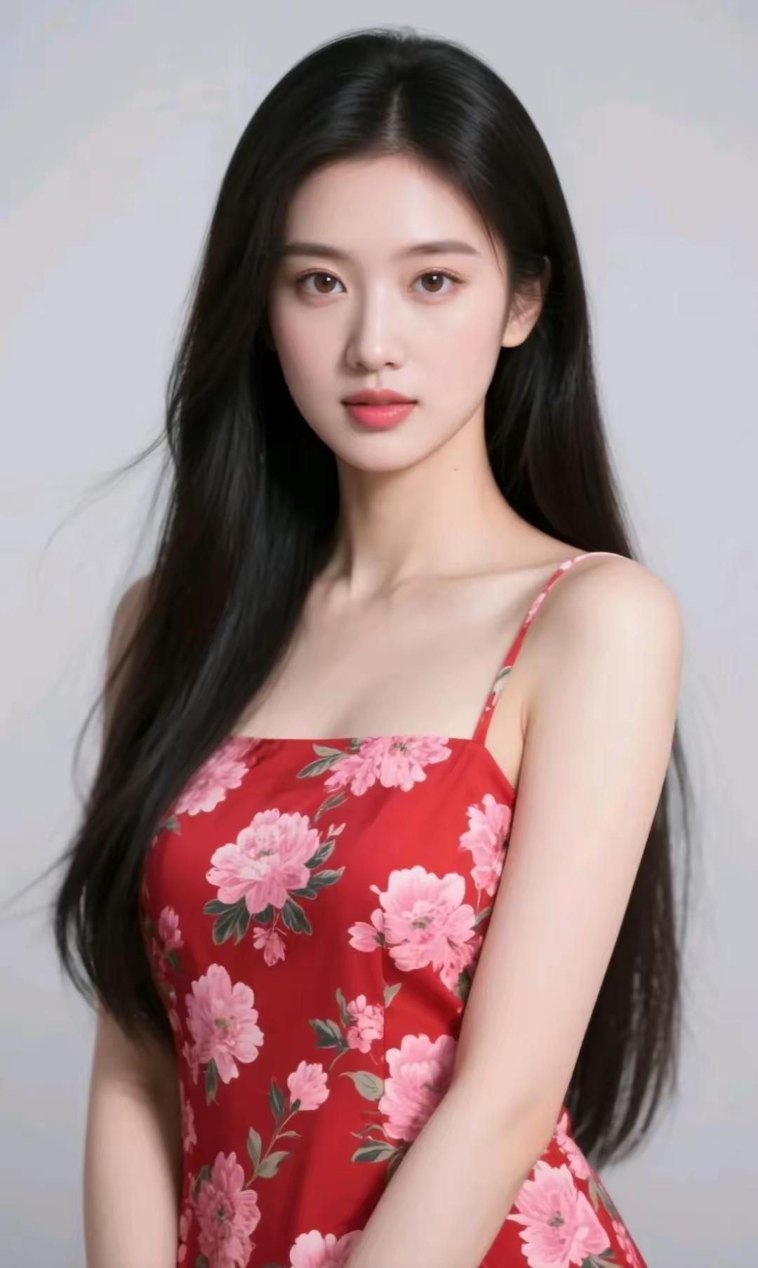 温柔甜美的少女，红裙上的粉色花朵绽放，清新自然。