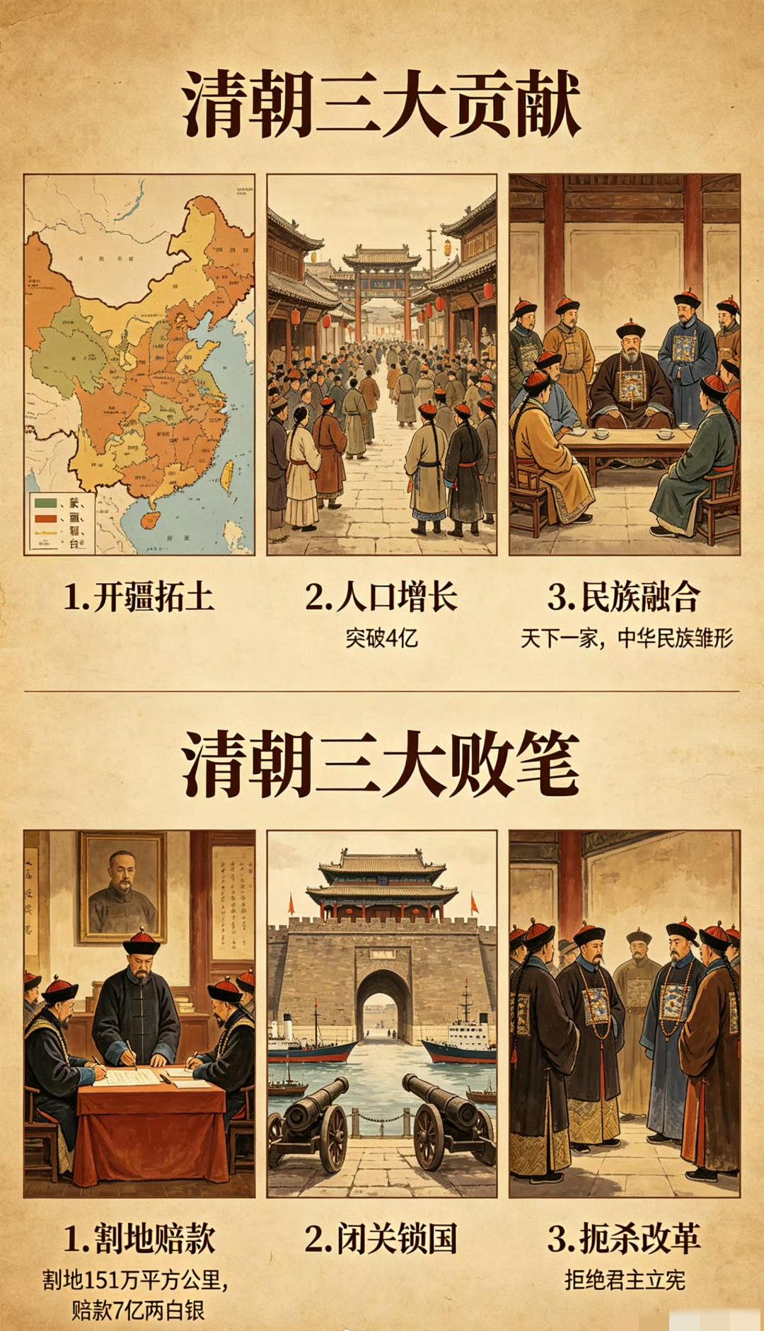 【清朝的三大贡献与三大败笔】
第一贡献，开疆拓土，把蒙、藏、疆、台纳入实控，奠定