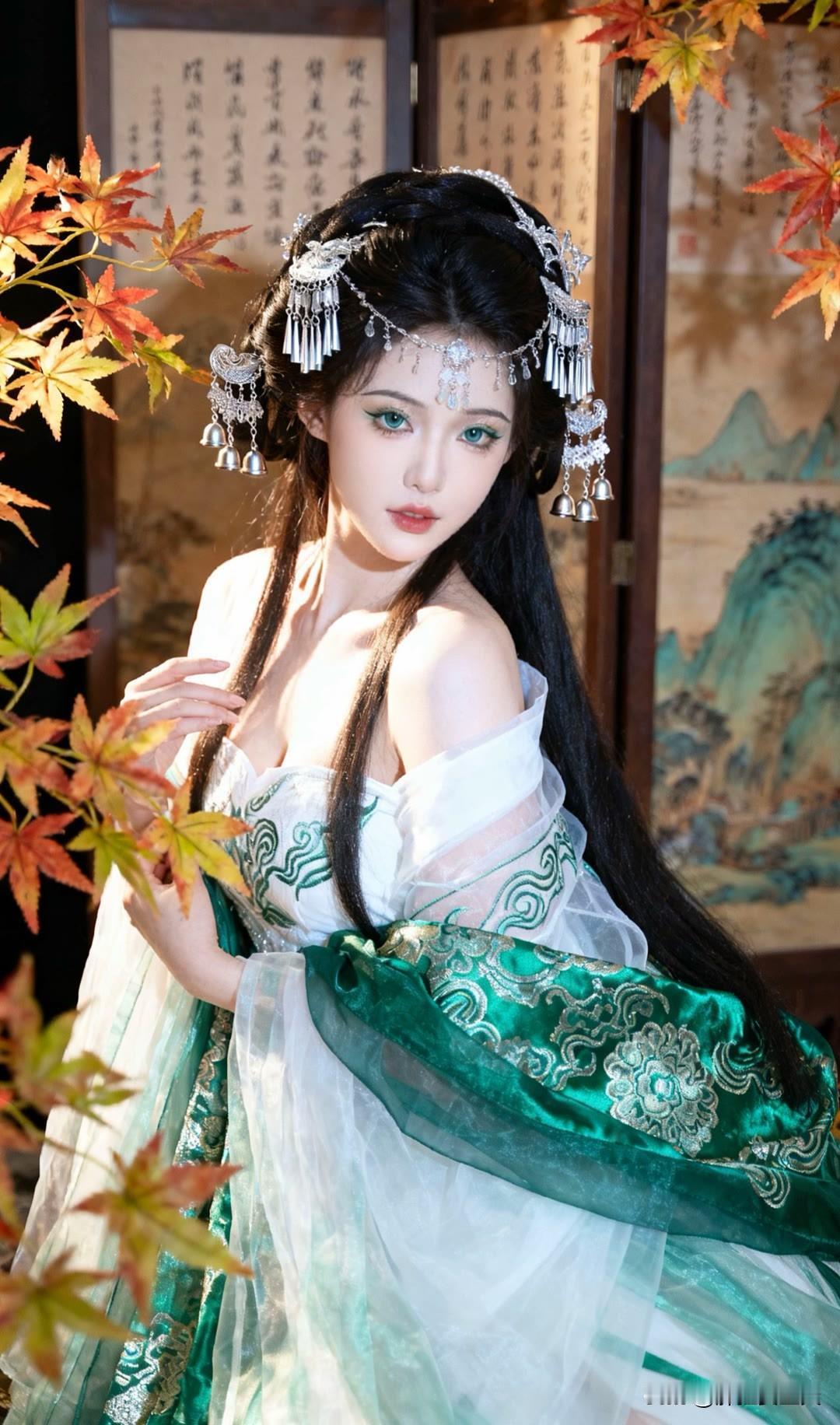 她的眼眸深邃如夜空，闪烁着星辰般的光芒，一颦一笑间，皆是风情万种，令人心醉神迷。