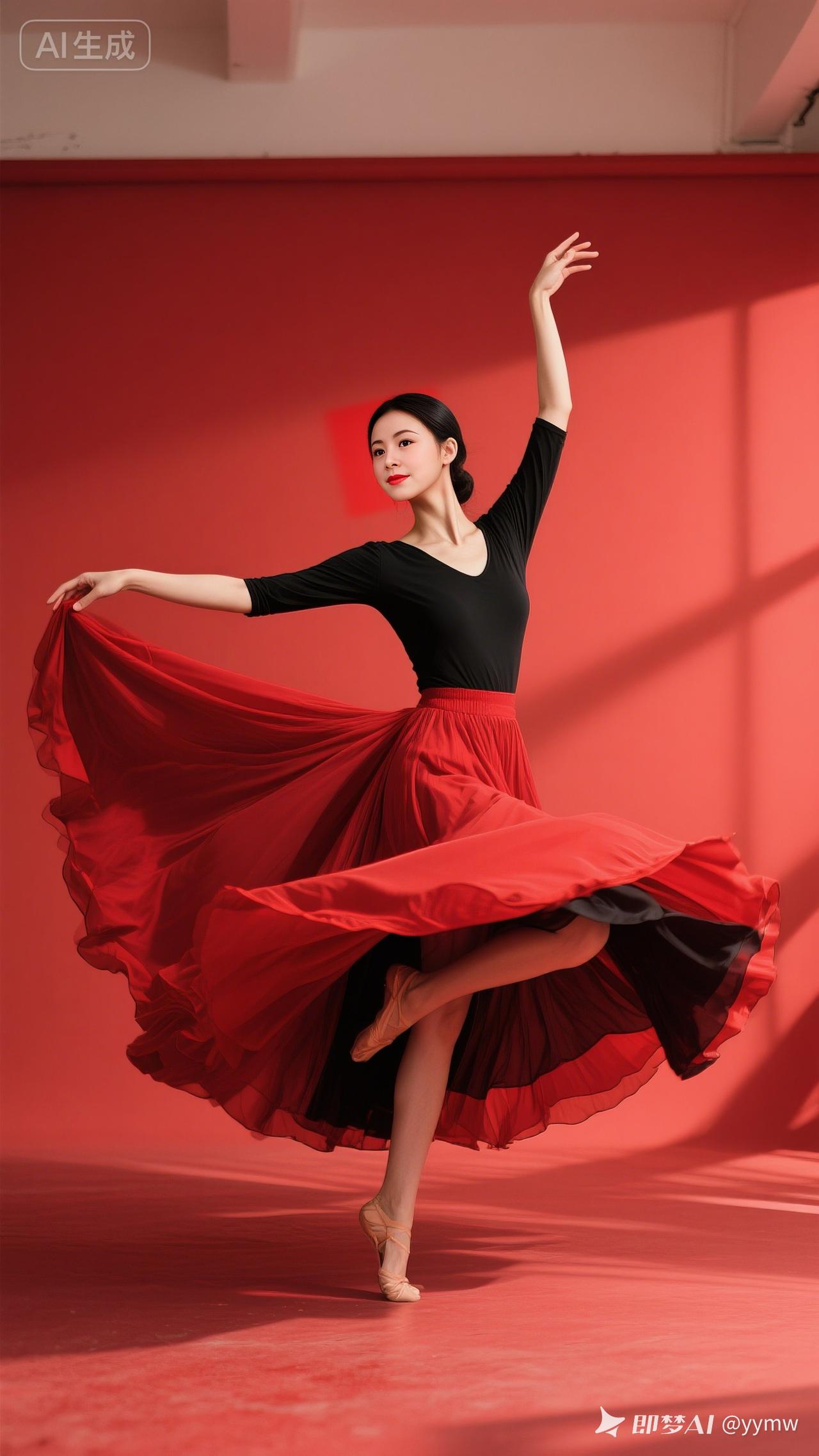 室内纯色同色背景，模特身穿黑红色中袖超大摆裙，呈现提裙、甩裙、旋转、举高扔裙、提
