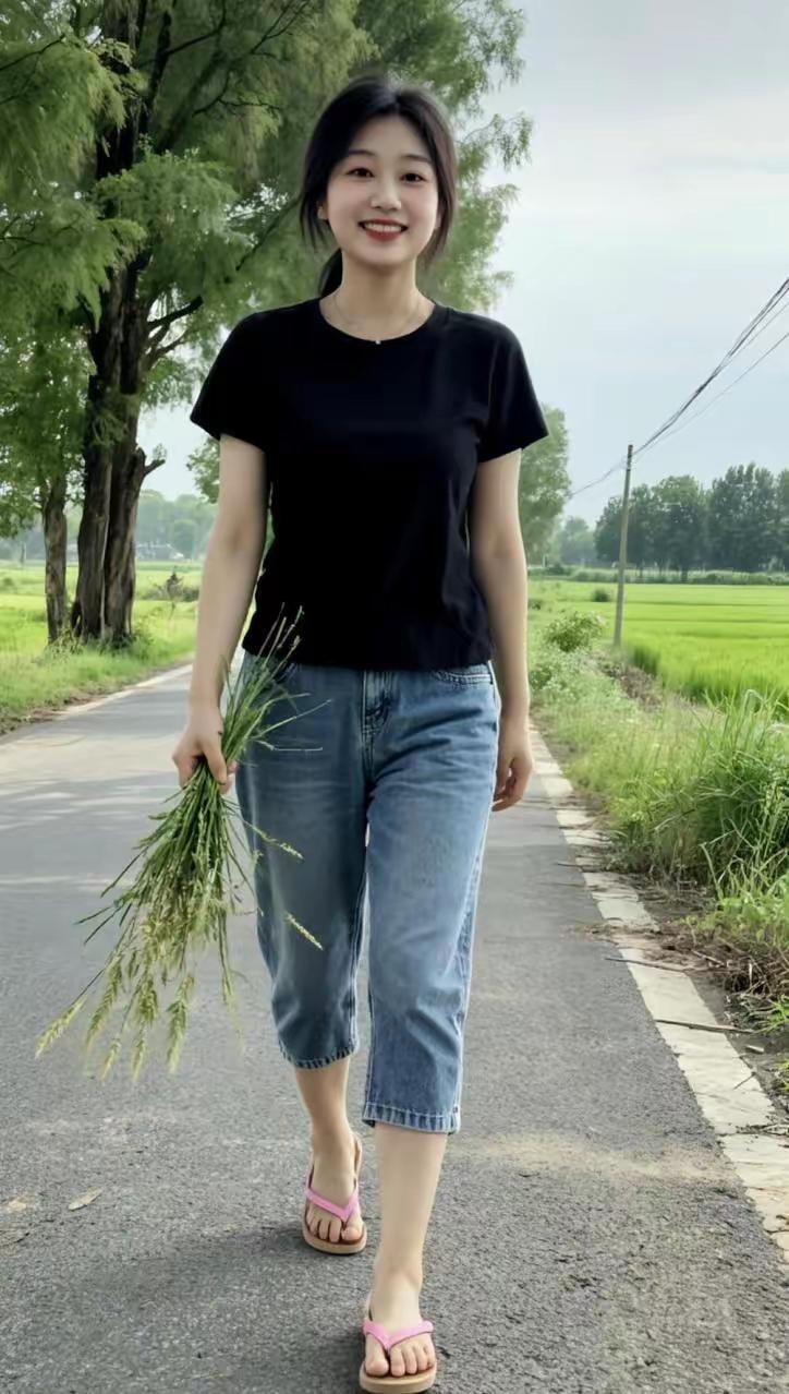 田园少女漫步在乡间小路，手捧一束野花，享受自然之美。