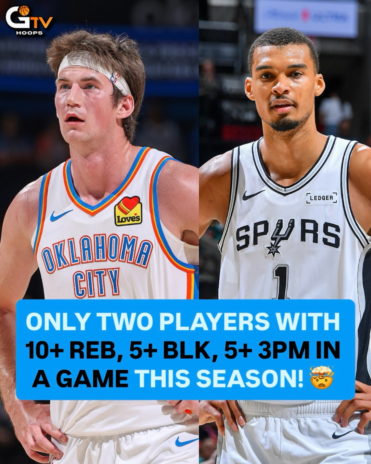 本赛季单场至少打出10板5帽5三分的球员：文班亚马和卡尔森！以赛亚乔、杰伦威廉姆