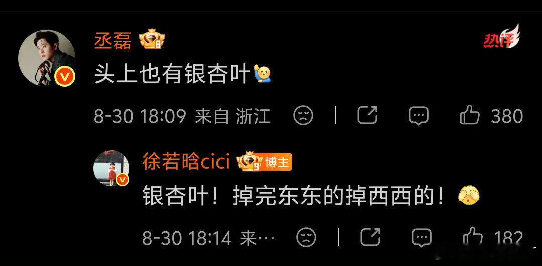 徐若晗回复丞磊掉完东东的掉西西的哈哈哈哈我们东东西西也太萌了！徐若晗回复丞磊：银