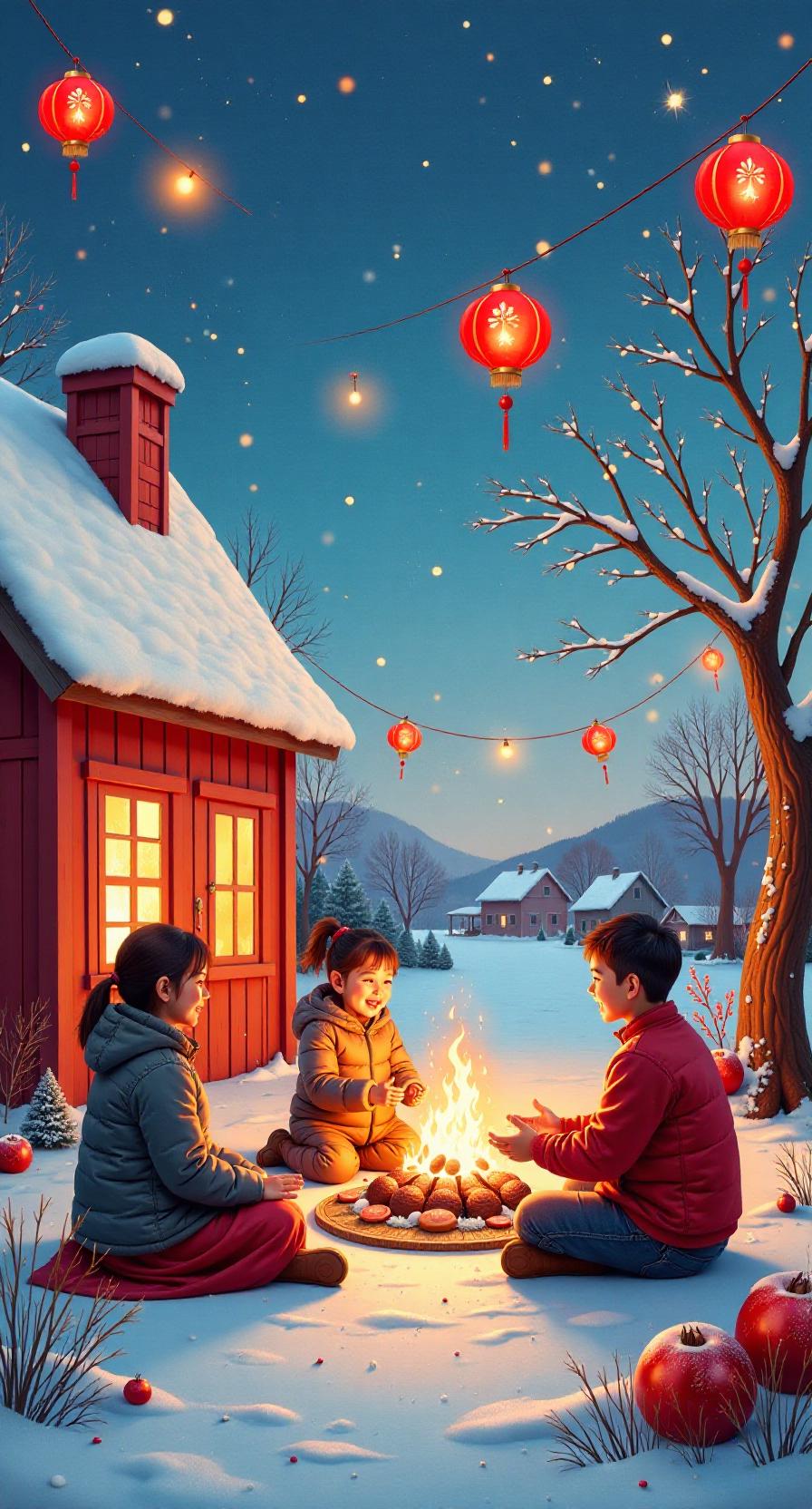 岁除近在彩灯前，
喜气盈门又一年。
爆竹声喧驱疫疠，
梅花香里贺团圆。
东风已报