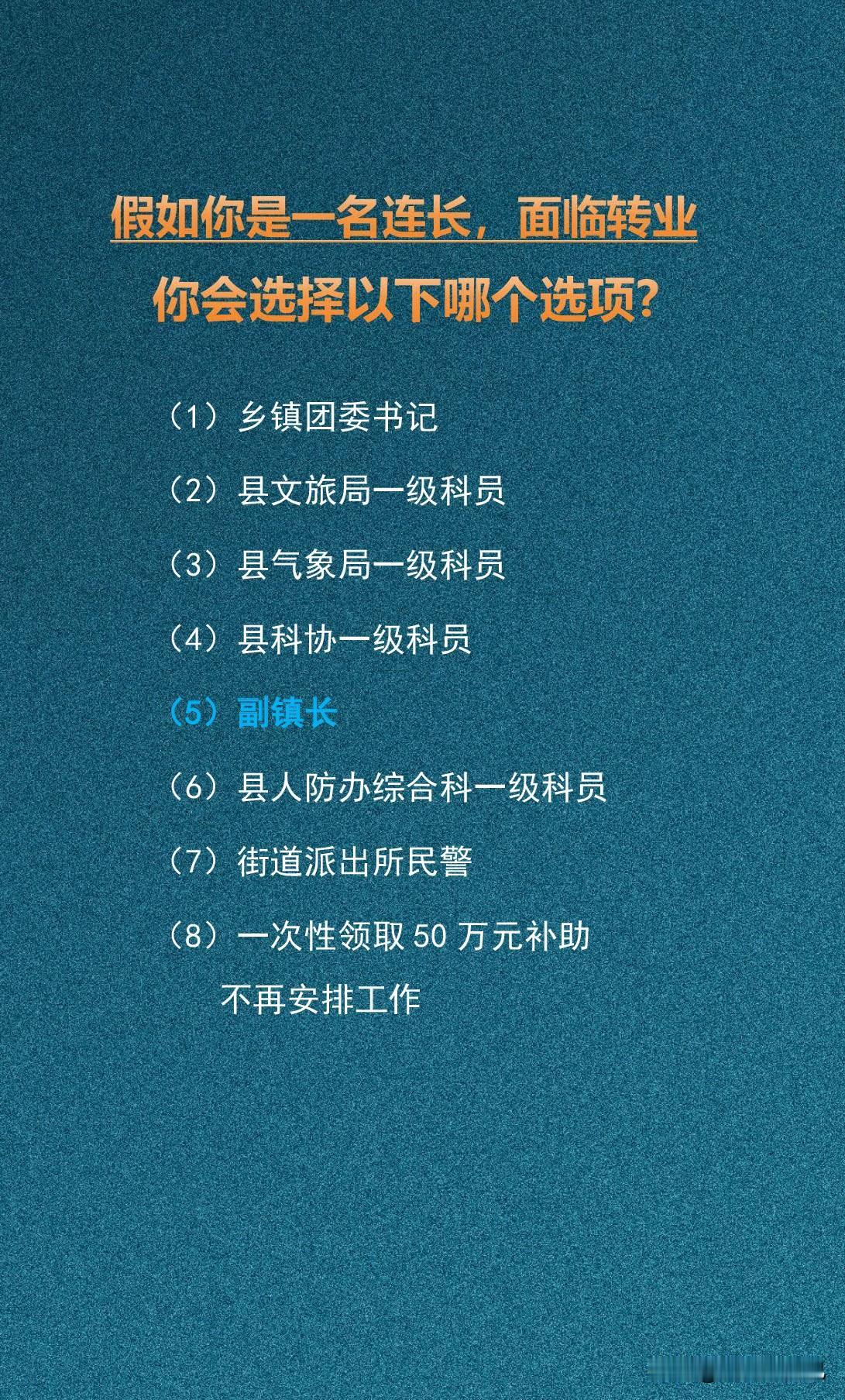 假如你是一名连长，面临转业
你会选择以下哪个选项?

(1)乡镇团委书记
(2)
