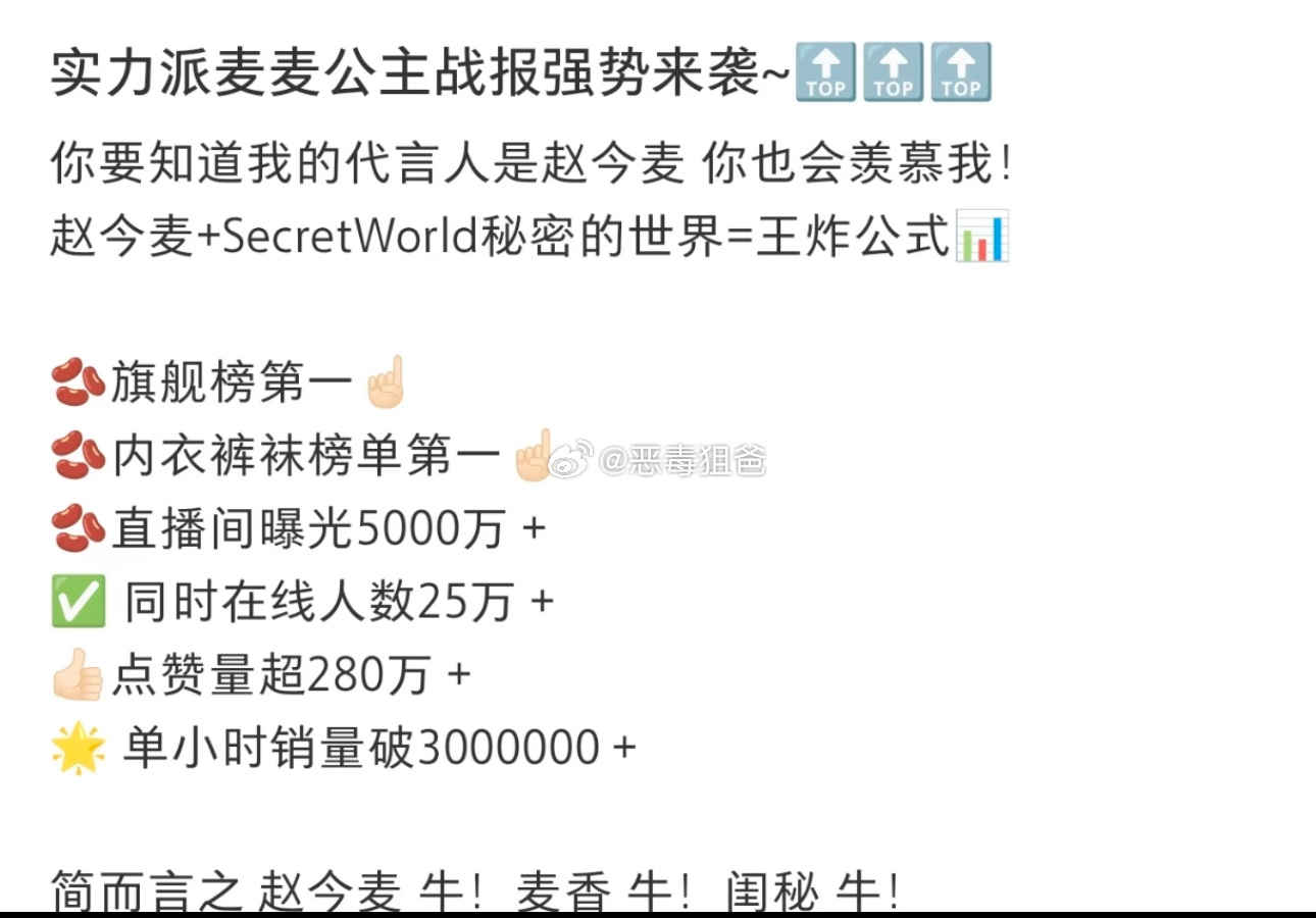 赵今麦秘密的世界战报🔥🫘旗舰榜第1️⃣🫘内衣裤袜榜第1️⃣✅同时在线人数2