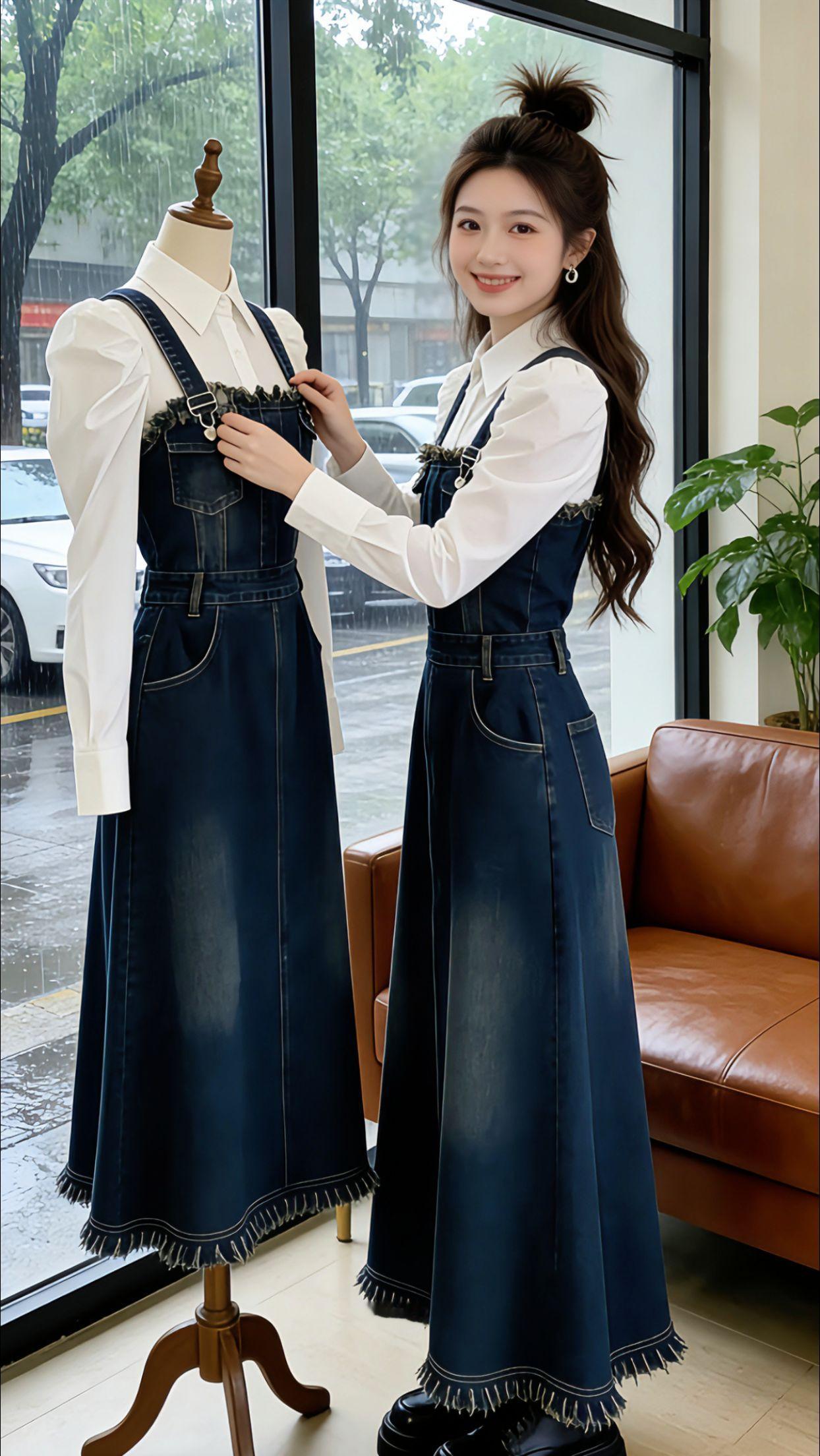 周末穿搭灵感！Danny上身这款法式牛仔背带裙套装，收腰设计衬得身形很利落，毛边