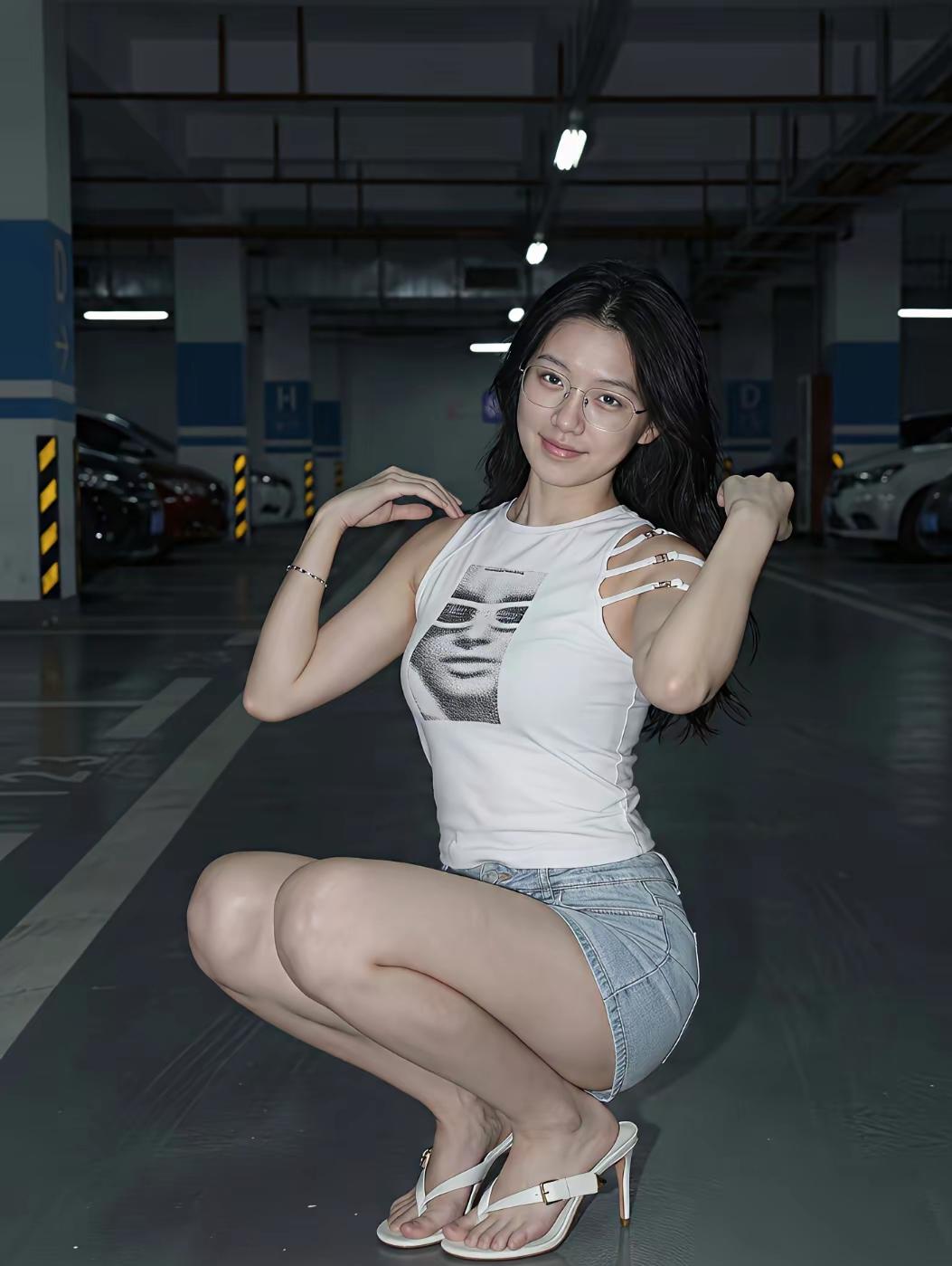 加班到深夜，刚把车停稳就撞见了她。
 
白背心配牛仔短裤，细框眼镜衬得眉眼格外干