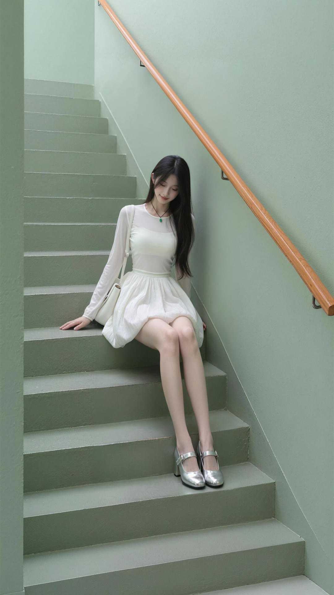 白裙与银鞋的清爽夏日，清浅薄荷绿的背景里，白裙像揉碎的月光，收腰设计衬出轻盈线条