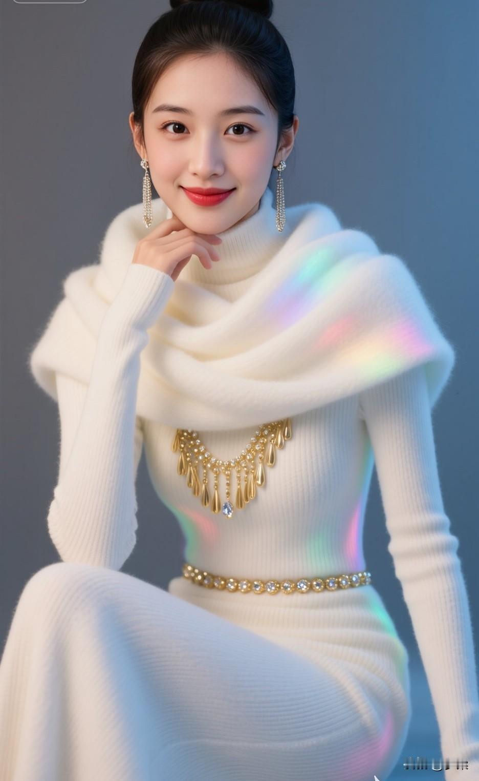 冬日暖阳下的优雅穿搭，白色毛衣与金色饰品相得益彰，尽显温柔与时尚。