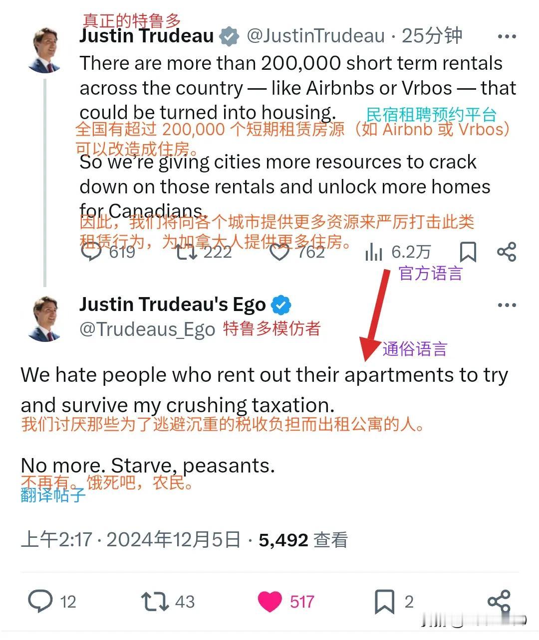 很有意思的帖子：
1，加拿大总理特鲁多发帖说：那些挂在民宿网络平台上的20万套房