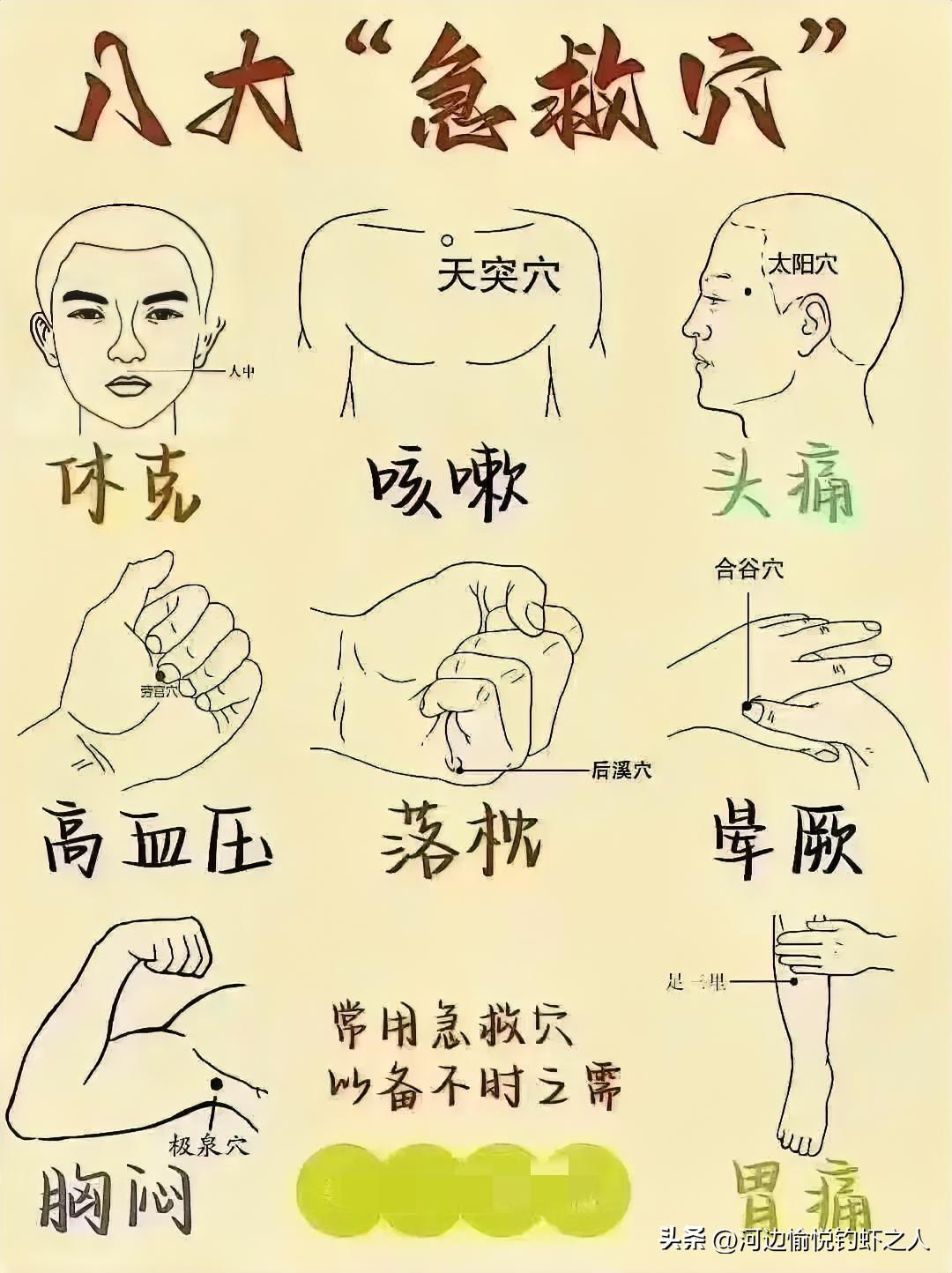 非常好用，中医八大急救穴，每一个都效如桴鼓
休克——人中穴  
咳嗽——天突穴