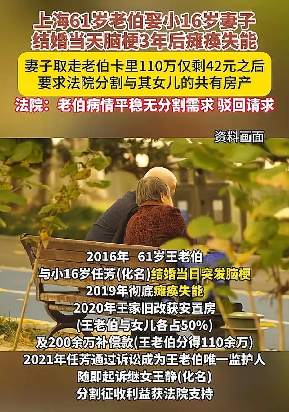 上海61岁的王大爷，在二婚当日突发脑梗，三年后完全失能，二婚妻子任芳便将王大爷送