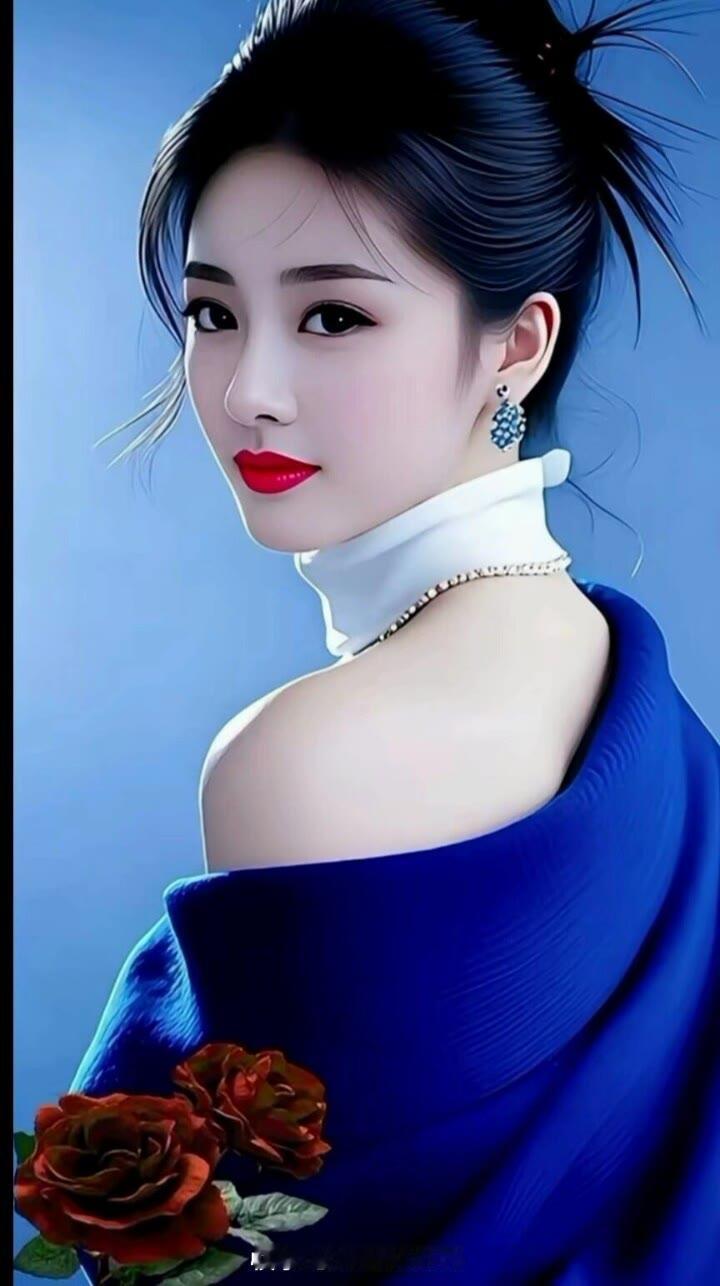 优雅蓝裙少女，红唇与玫瑰相映成趣，尽显古典美！