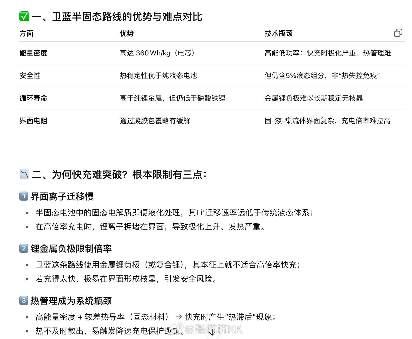 卫蓝的半固态电池已经上了锂金属负极，带来了超高能量密度，代价是充电速度慢，不到1