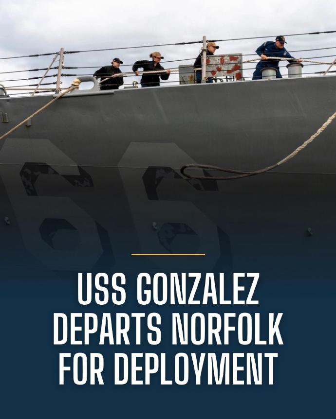 美国海军表示，3月16号，冈萨雷斯号驱逐舰(DDG-66)离开诺福克，进行作战部