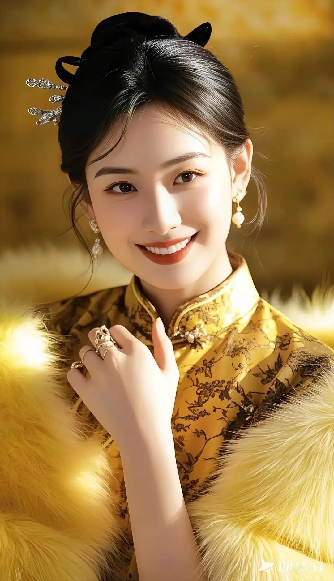 金衣美人，笑靥如花。倩影俏佳人 优美的佳人