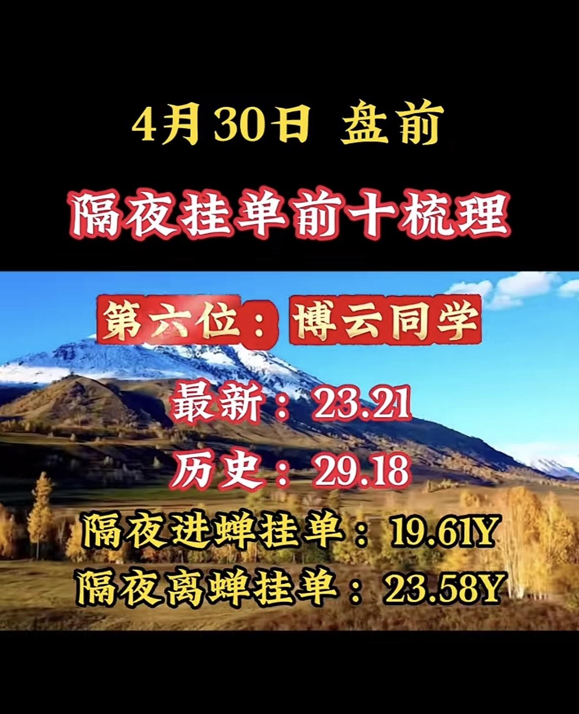 4月30日周四暗盘隔夜挂单排行榜揭晓

投资圈里，“天赐同学”隔夜挂单前十大梳理