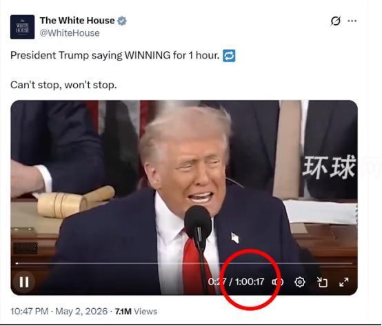 白宫官方账号发了一小时循环视频，特朗普反复念叨“赢了”。
 
5月2日，美国白宫