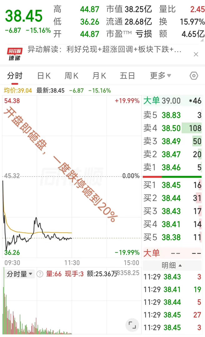 大A今天最惨的票已经诞生了！昨天还新高，今天开盘即砸盘，一度砸盘跌到20%，买在