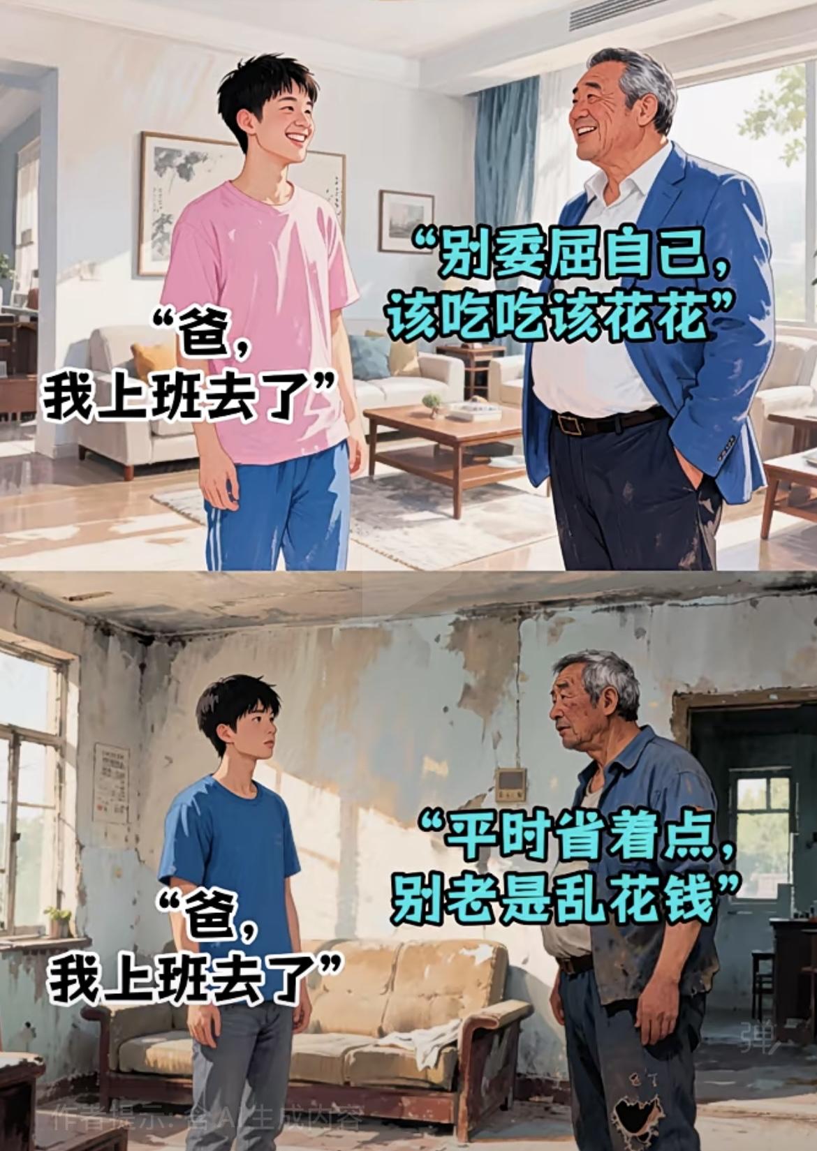 家境有别，父爱无差

1. 话语里的爱，从未分贫富
优渥的生活里，父亲一句“别委