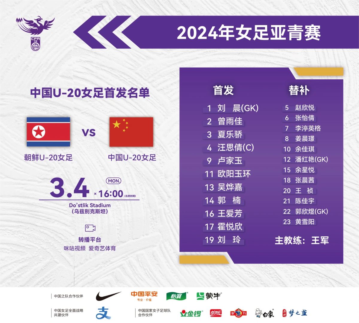 中国U-20女足对阵朝鲜队首发阵容