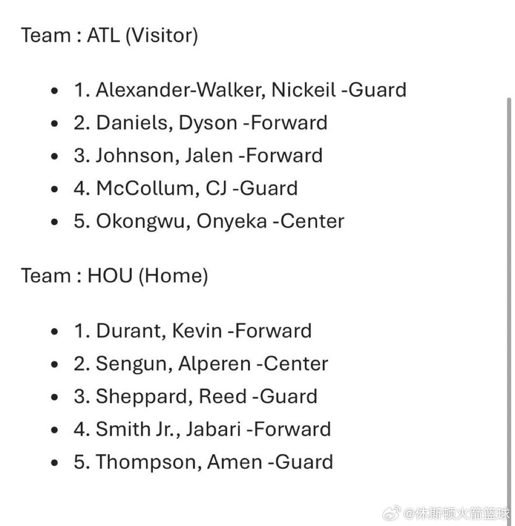 老鹰vs火箭 今日首发出炉：▪️主队：休斯顿火箭 (HOU)1. 凯文·杜兰特 