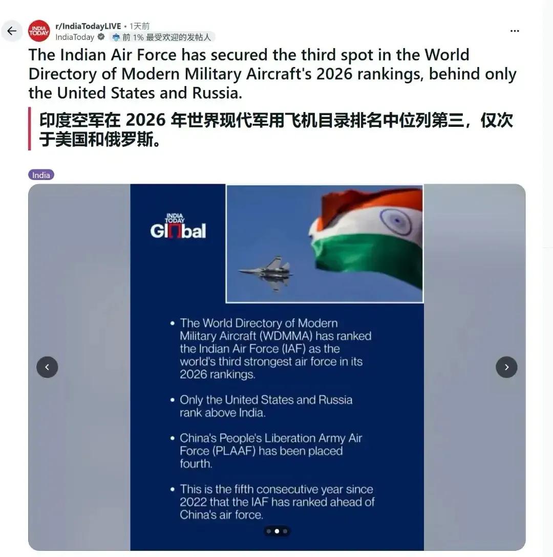 这也太离谱了，印度空军进入世界前三強？美国军事杂志再次把印度空军列为世界第三，这