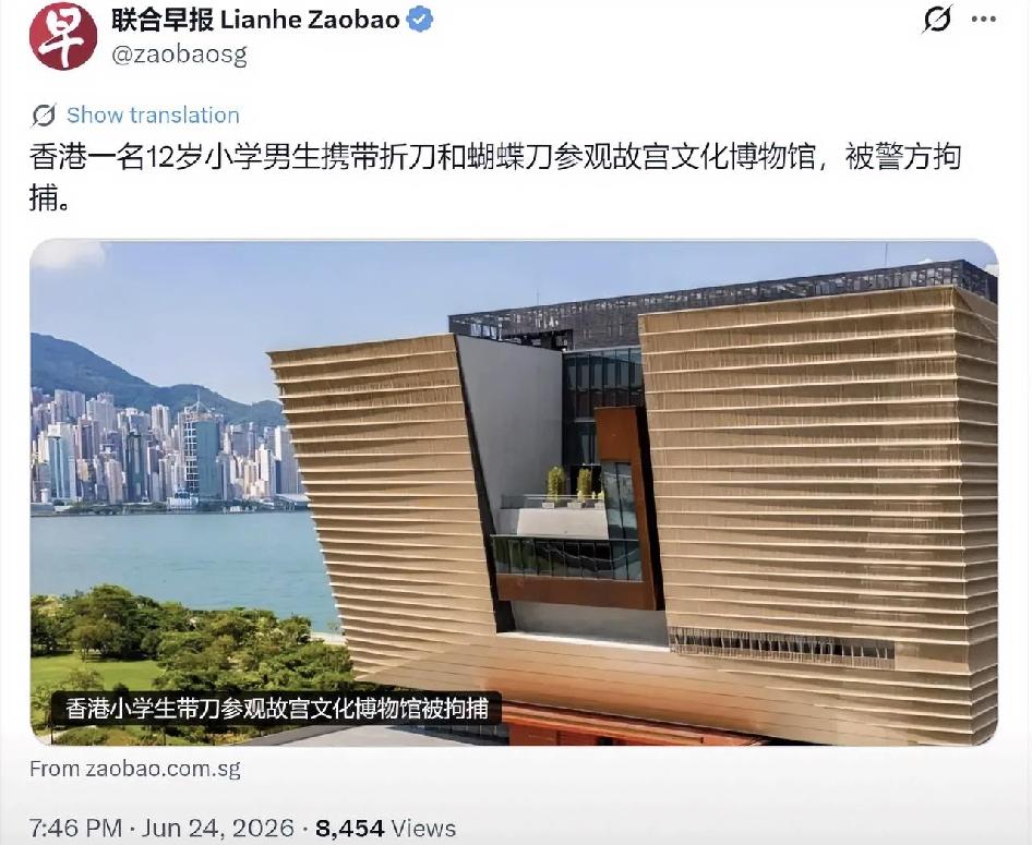 新加坡联合早报今晚（6月24日晚）报道："香港一名12岁小学男生携带折刀和蝴蝶刀