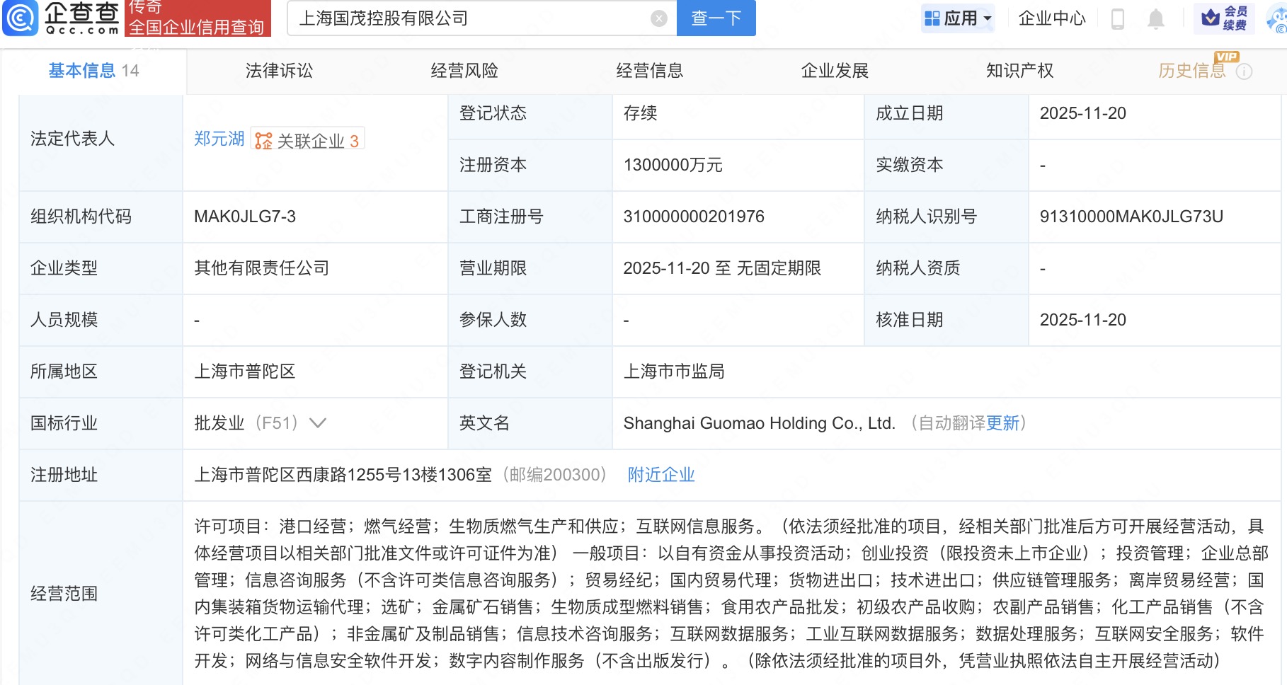 上海国茂控股公司登记成立，注册资本130亿
