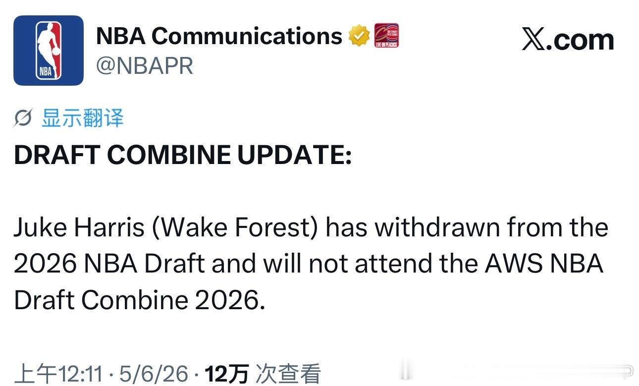 拿到NIL大合同后，前维克森林大学后卫Juke Harris已正式宣布退出选秀，