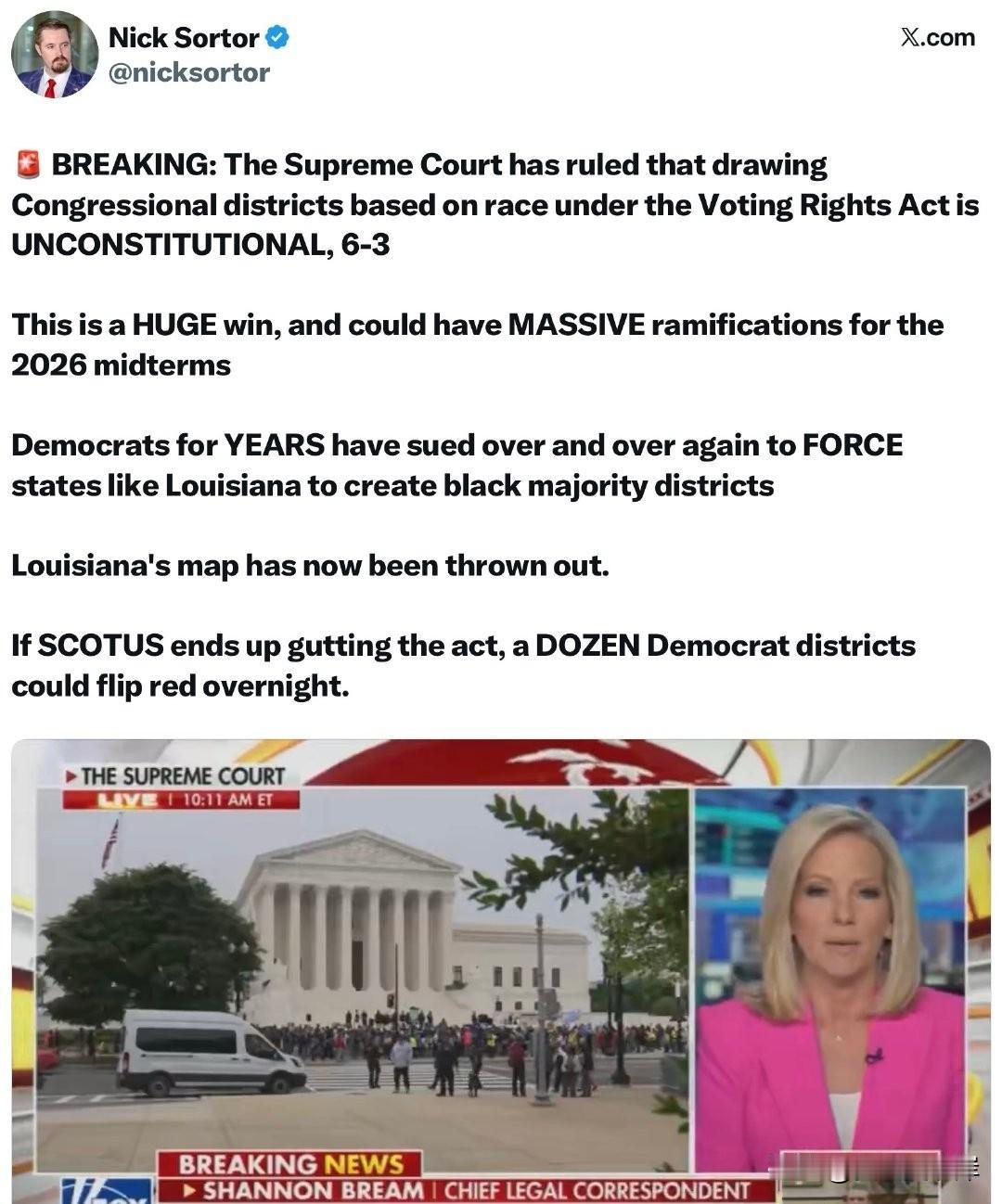 🚨 突发：最高法院以6-3的投票结果裁定，根据《投票权法案》按种族划分国会选区