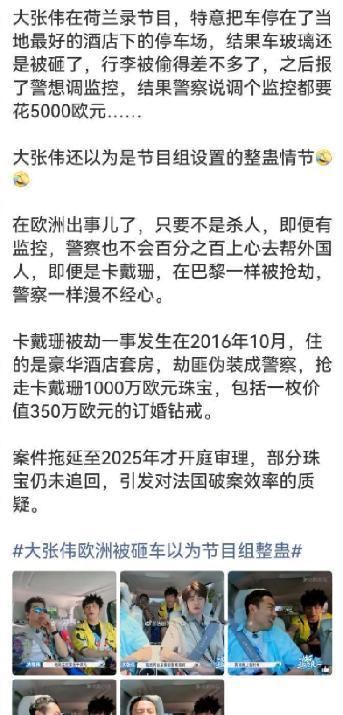 大张伟在荷兰录综艺，车被砸了，背包没了，损失四万。
节目里风车郁金香，现实里玻璃