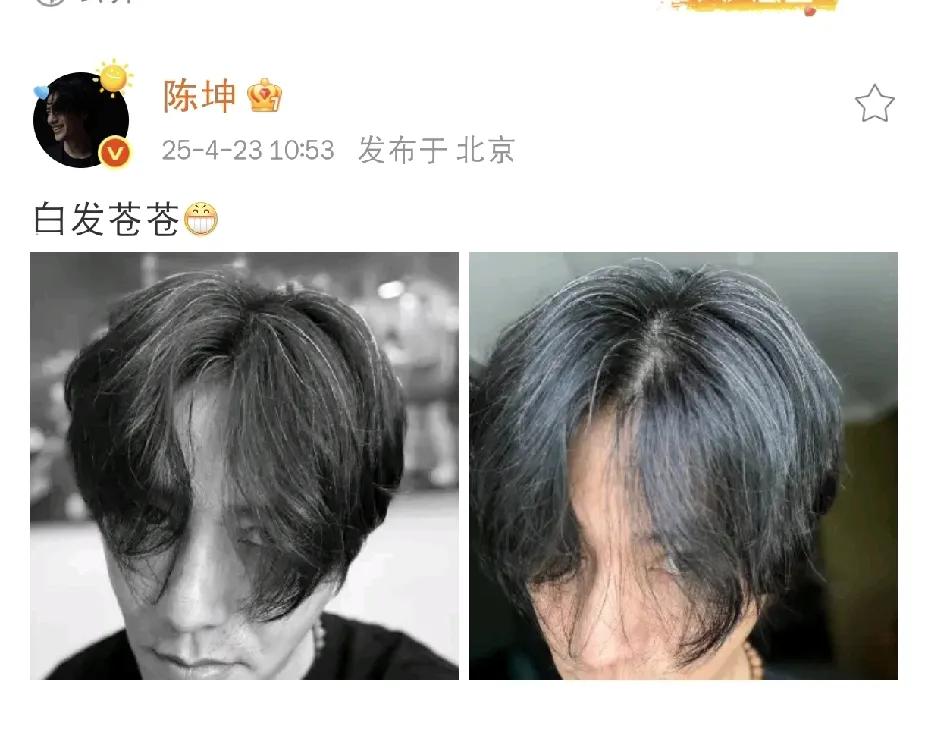 陈坤，一夜白头？

25年4月23日上午，陈坤在社交平台晒出近照，配文