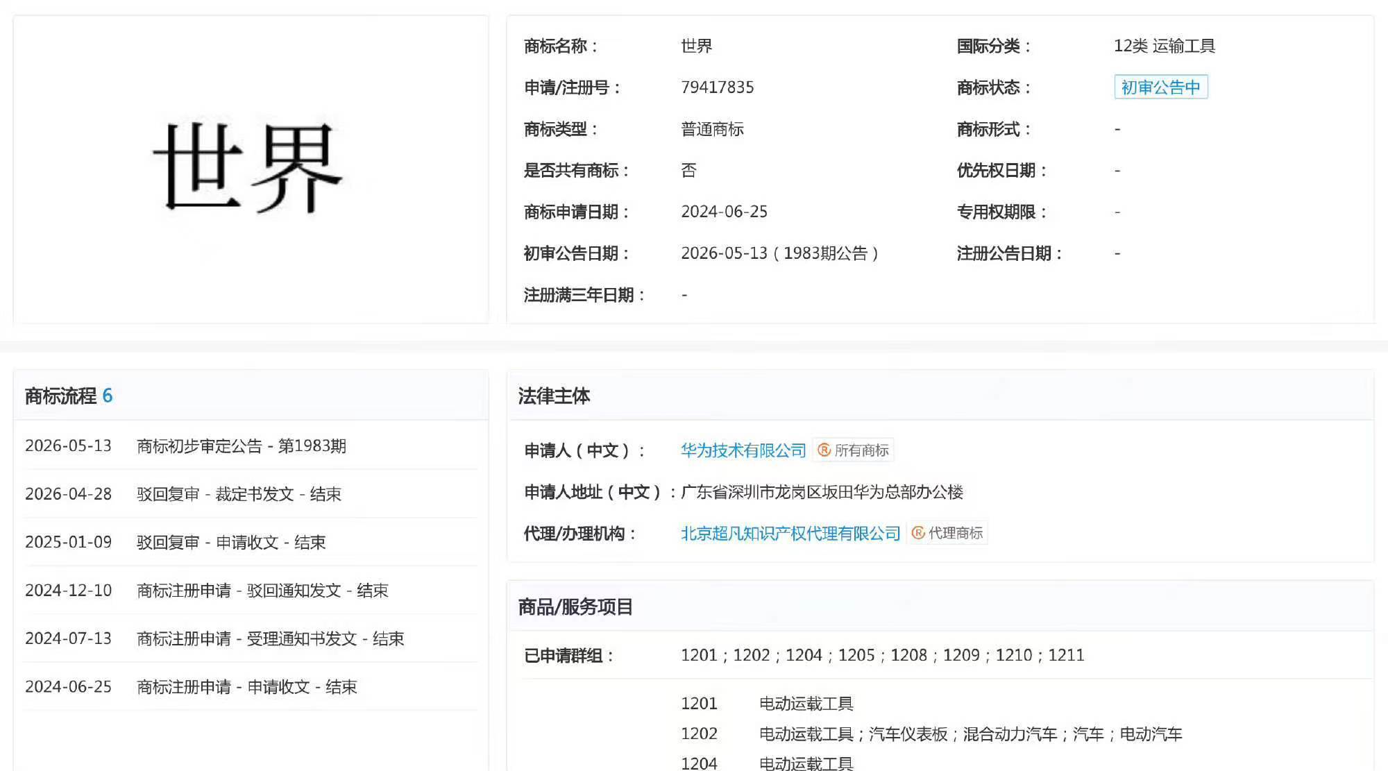 华为申请“世界”商标 