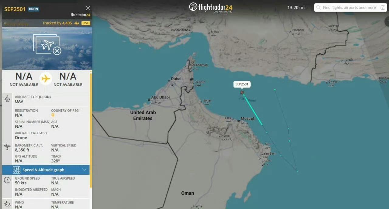 （图一）一架伊朗无人机再次在阿曼湾活动，对“亚伯拉罕·林肯”号航母打击群进行侦察