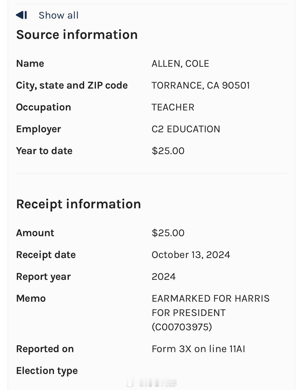 有消息称，网民找到一名与枪手姓名和城市匹配的捐款人，曾向卡玛拉·哈里斯捐款，且是