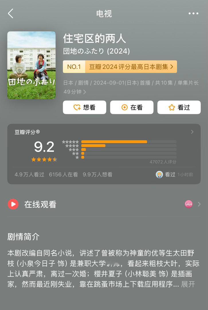 豆瓣2024评分最高日本剧集1️⃣住宅区的两人 9.22️⃣想做饭的女人和想吃饭