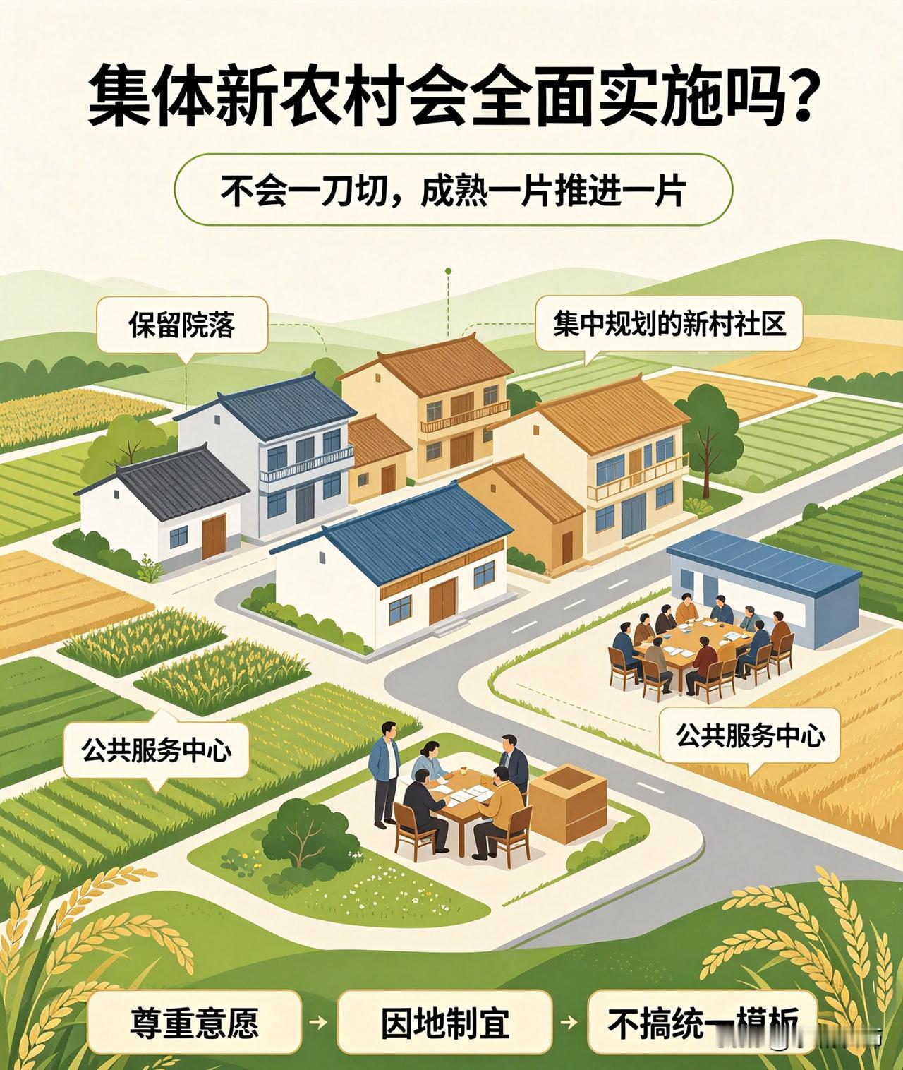 集体新农村不会搞全国全面一刀切实施 。我国村庄条件差异巨大，各地资源、财力、村民