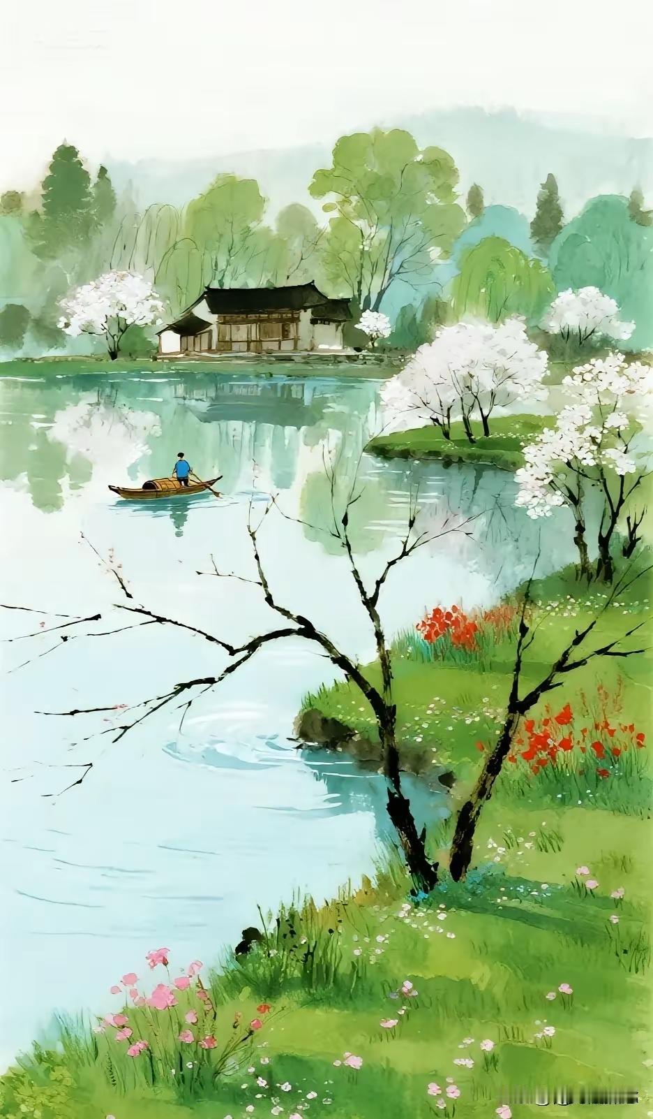 天净沙·春景
春来绿水轻舟，
风拂南岸垂杨。
花落香留韵长。
春情犹漾，
此间诗