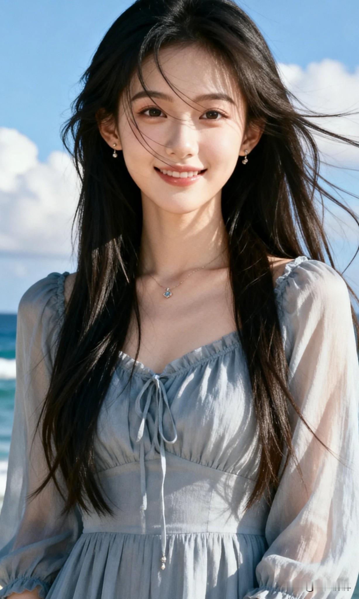 海边少女，微风轻拂，笑靥如花🌊💙这样的少女你们喜欢吗？AI美图壁纸分享