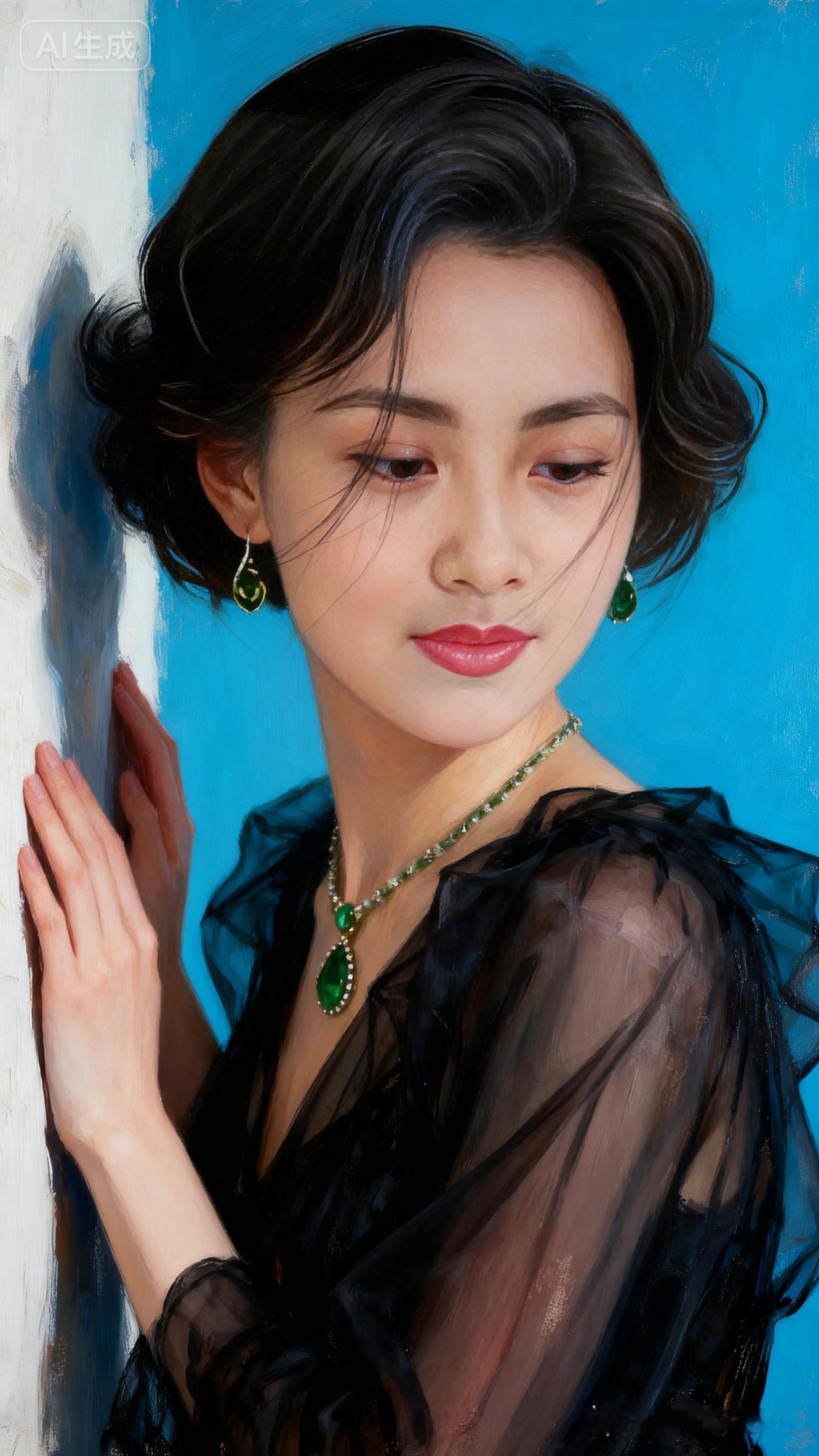 优雅黑纱裙，绿宝石闪耀，复古风韵十足