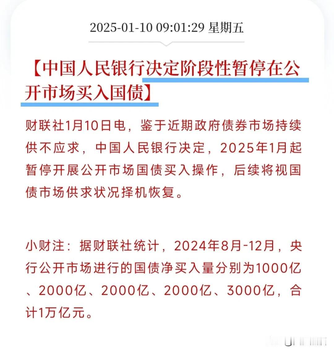 央行想要债市降温了，宣布暂停国债买入！
今天央行宣布由于最近国债市场持续供不应求