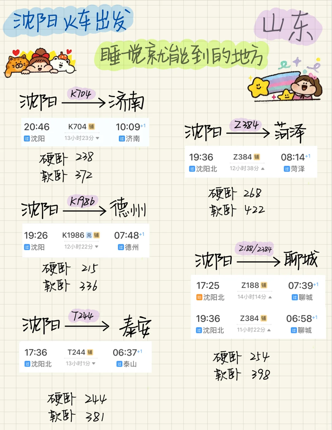 沈阳🚄出发 卧铺一夜可达城市（第二弹）
