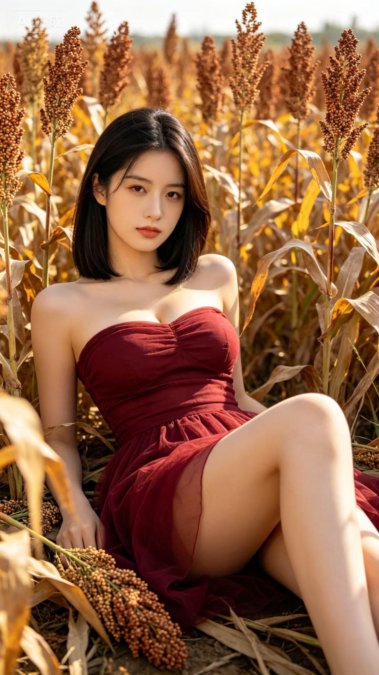 高粱地的临家少女
秋野高粱缀穗红，邻家女孩斜倚晚风。
轻纱曳影凝清韵，明眸含情敛